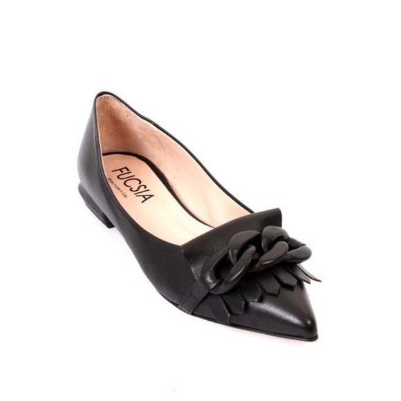 Fucsia Shoes - Fucsia 1000 Black Leather Buckle Pointy Flat Shoe